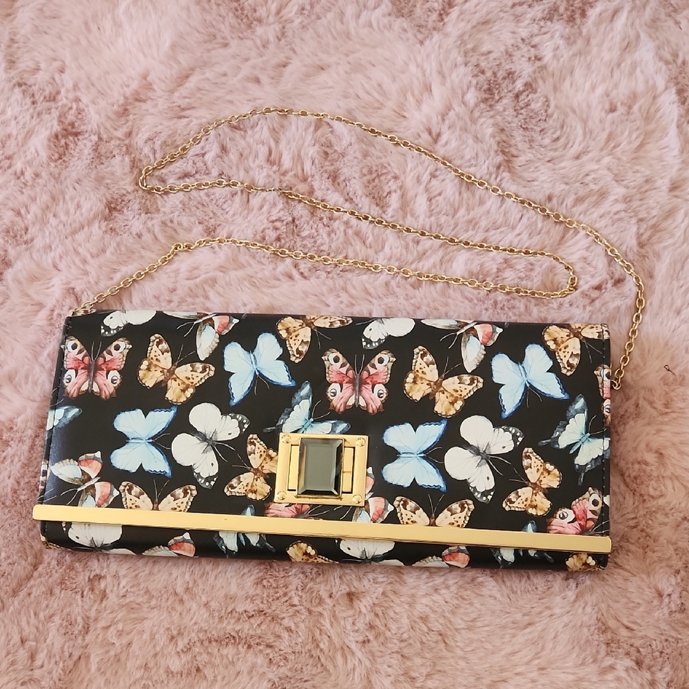 Elegant Butterfly Print Clutch with Gold Accents